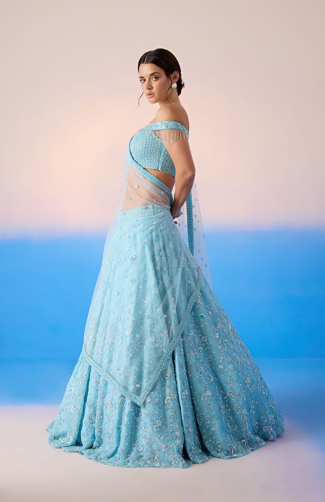 Off Shoulder Heavy Embroidered Blouse & Lehenga With Dupatta