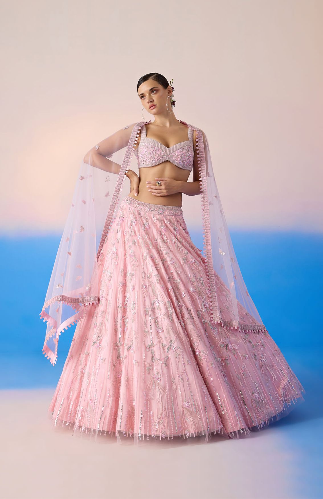  Carnation Pink Embroidered Blouse & Lehenga With Dupatta