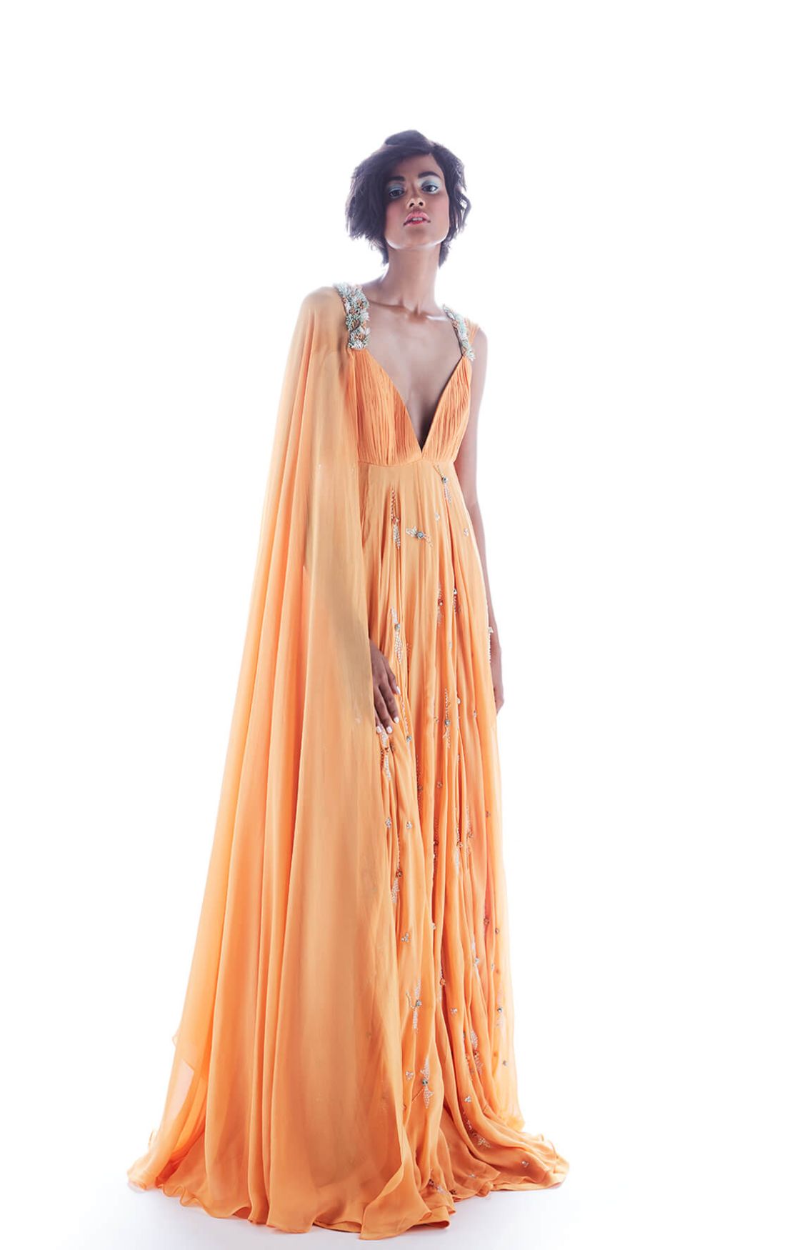 Flared Cape Sleeve Gown