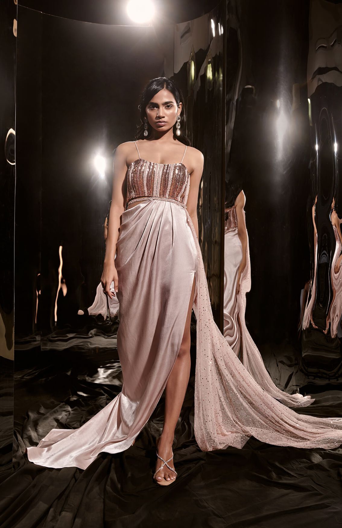 Pinkish Nude Embroidered Dress With Drape 