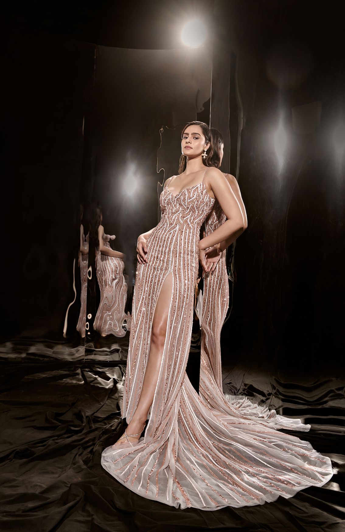 Silver Embroidered Gown With Trail