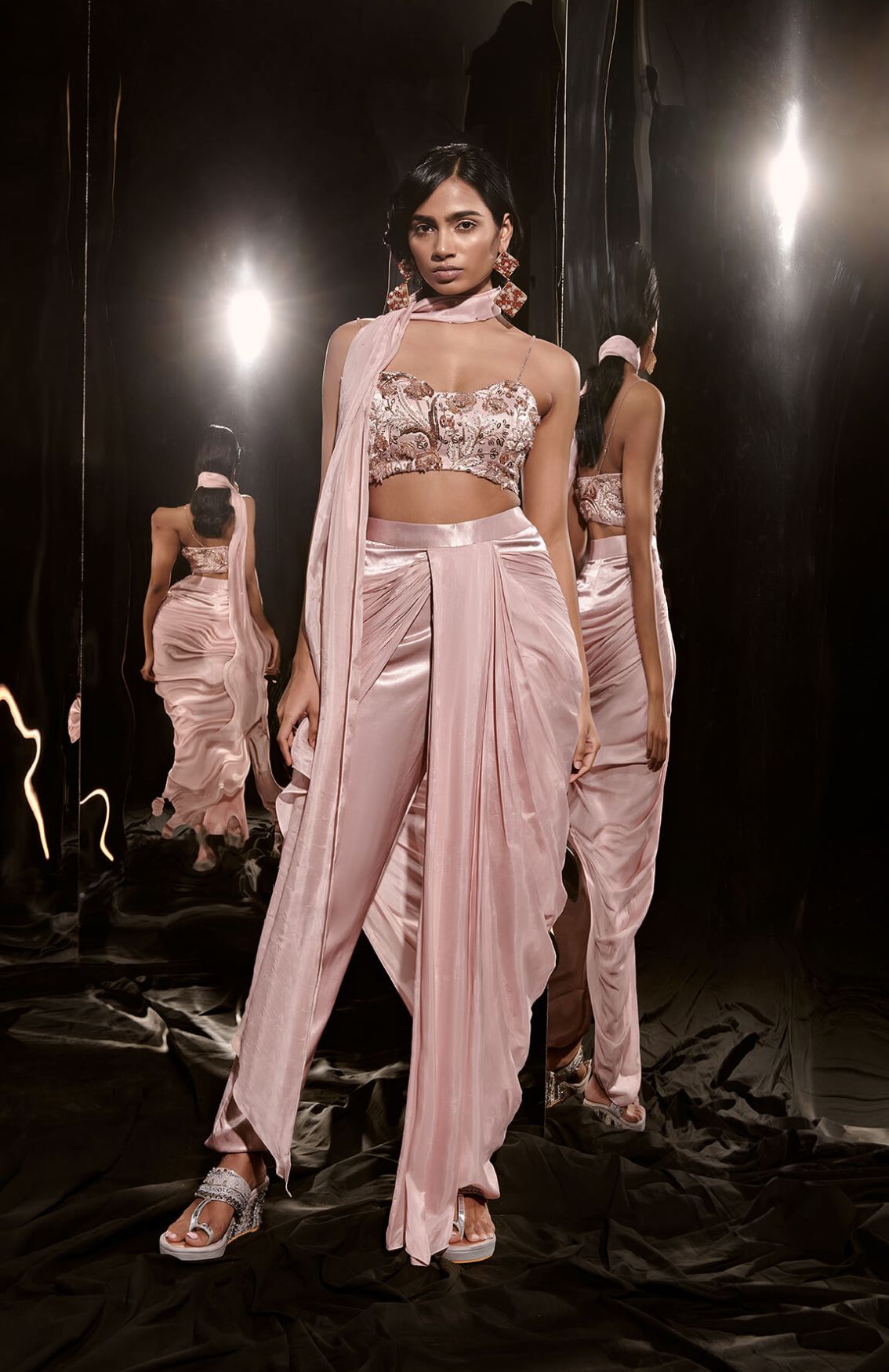 Rose Gold Embroidered Drape Pant Set With Scarf