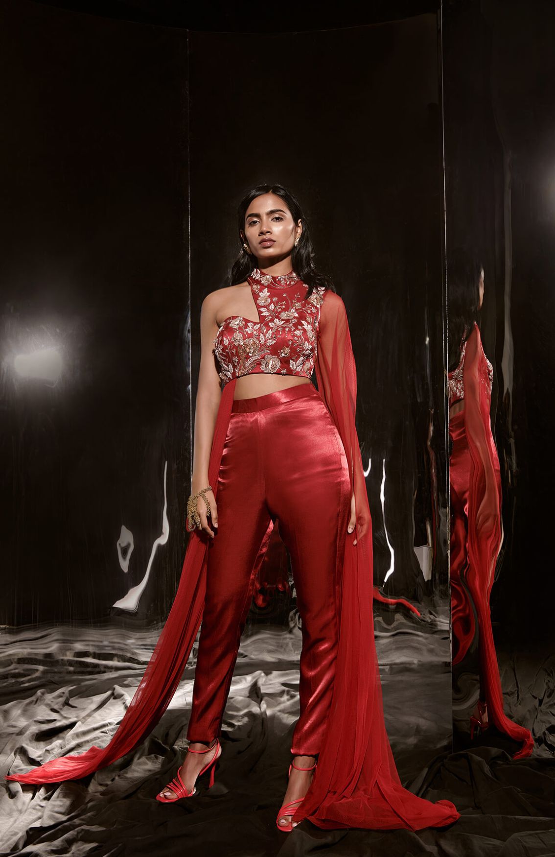 Red Embroidered Pant Set With Drape 