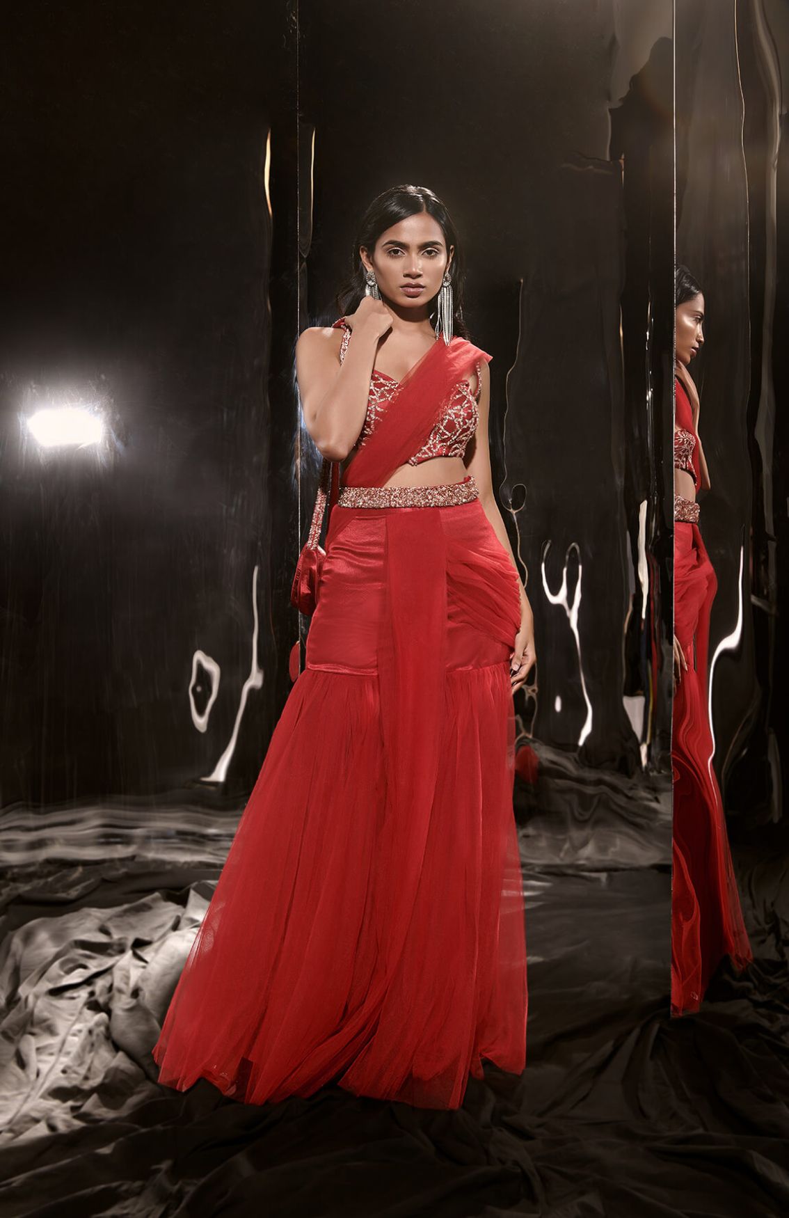 Red Embroidered Sharara Saree With Waist Belt & Bag