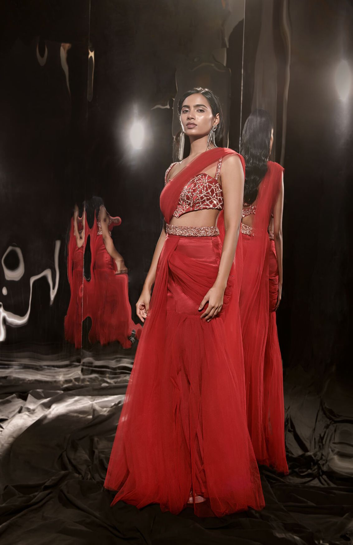 Red Embroidered Sharara Saree With Waist Belt & Bag