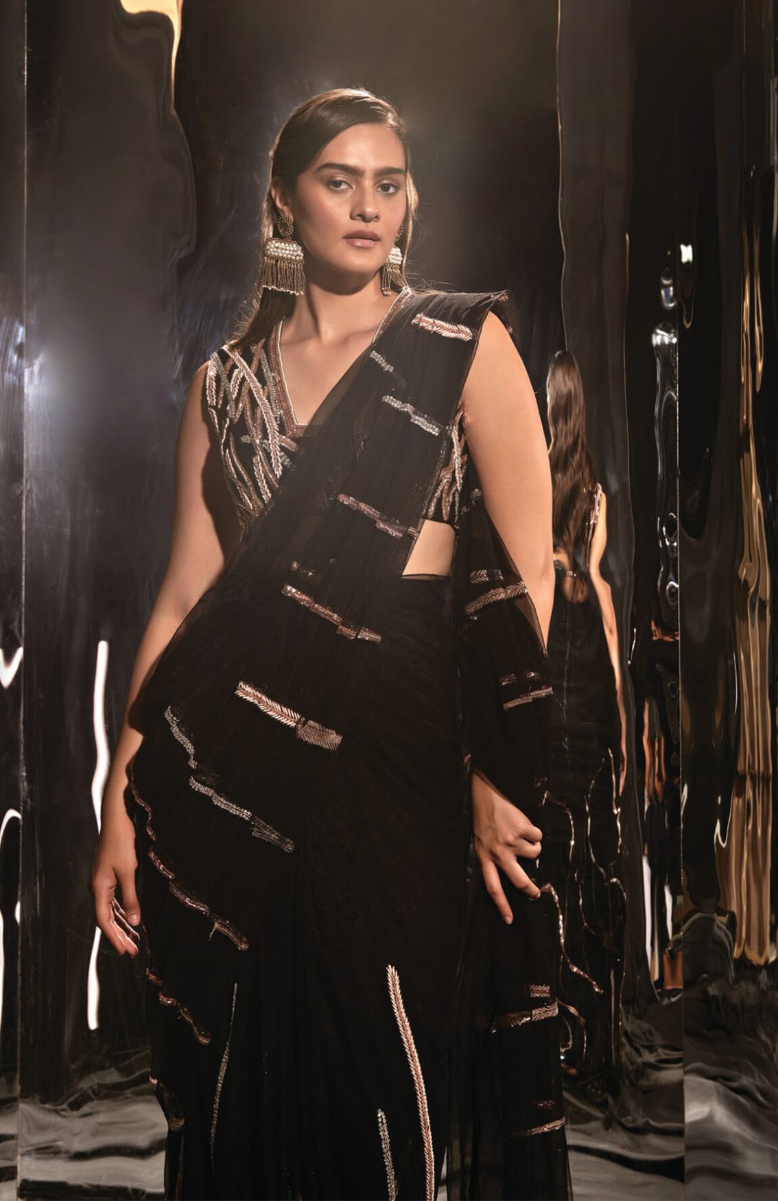 Black Pre-Draped Embroidered Saree Set With Sleeveless Blouse
