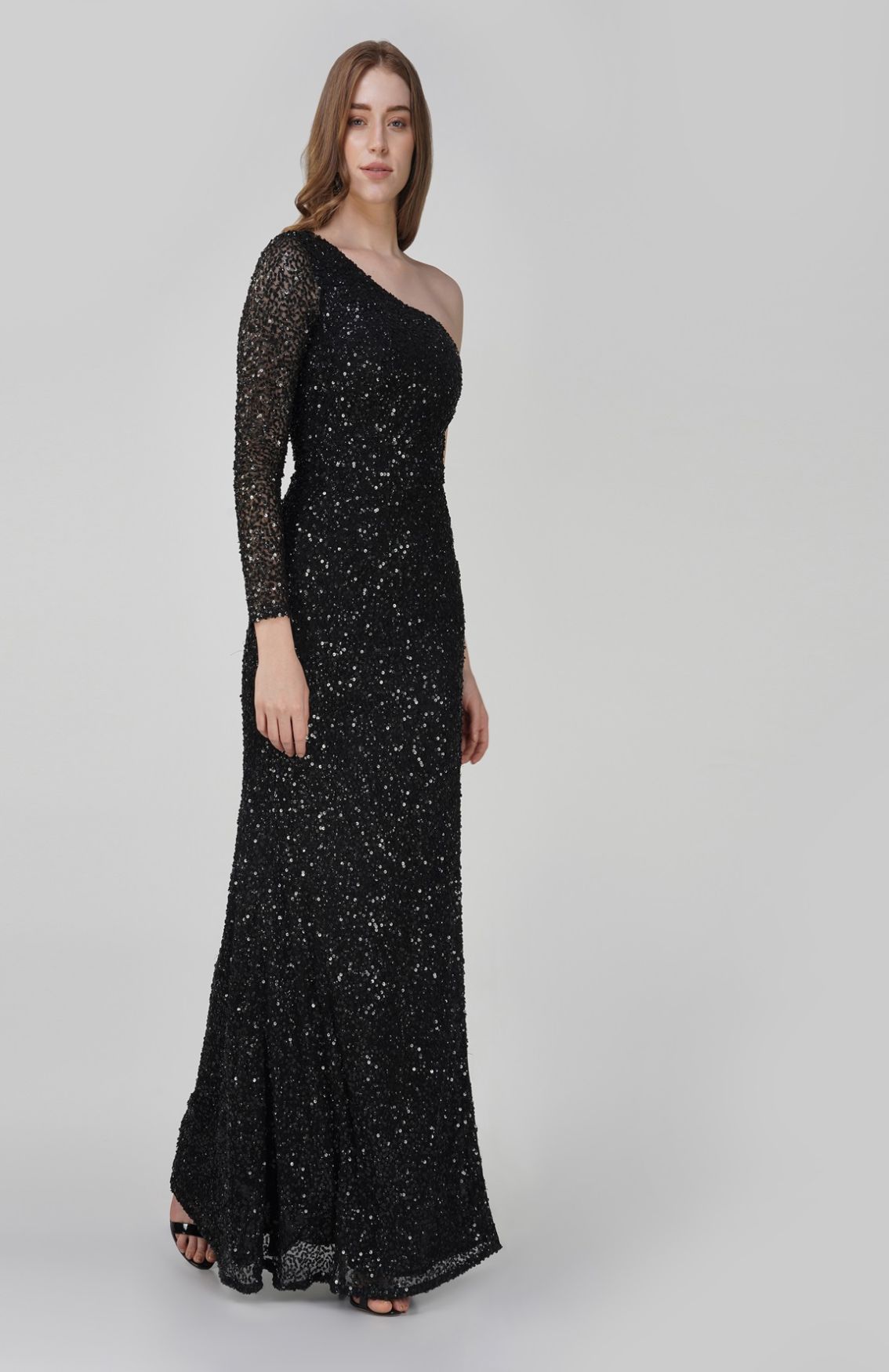 Black Embellished One Side Sleeve Gown With Slit