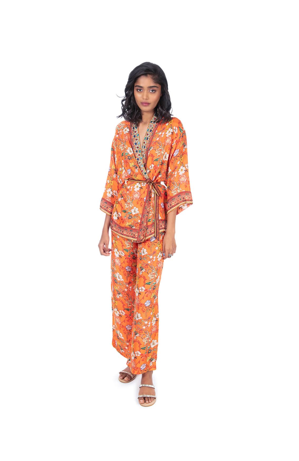 Orange Printed Wrap/Jacket Style Kurti & Pant Set