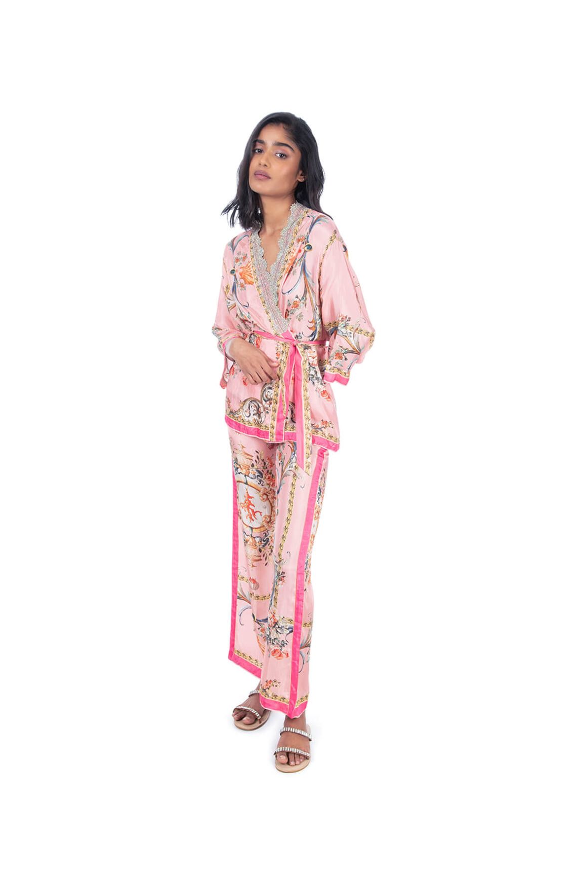 Pink Printed Wrap/Jacket  Style Kurti & Pant Set