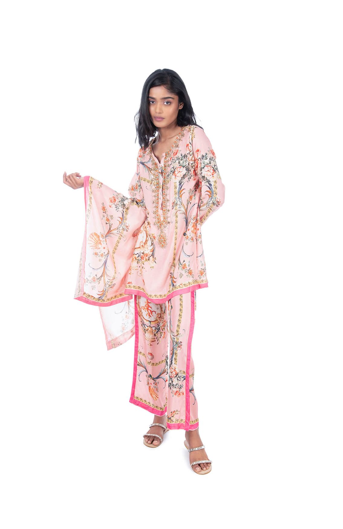 Pink Printed Kaftan Style Kurti & Pant Set