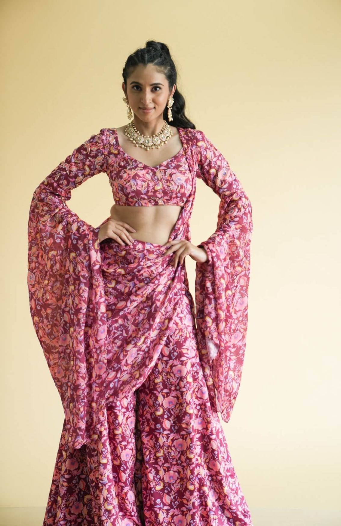 Maroon Sharara With Bell Sleeved Top & Detachable Pallu