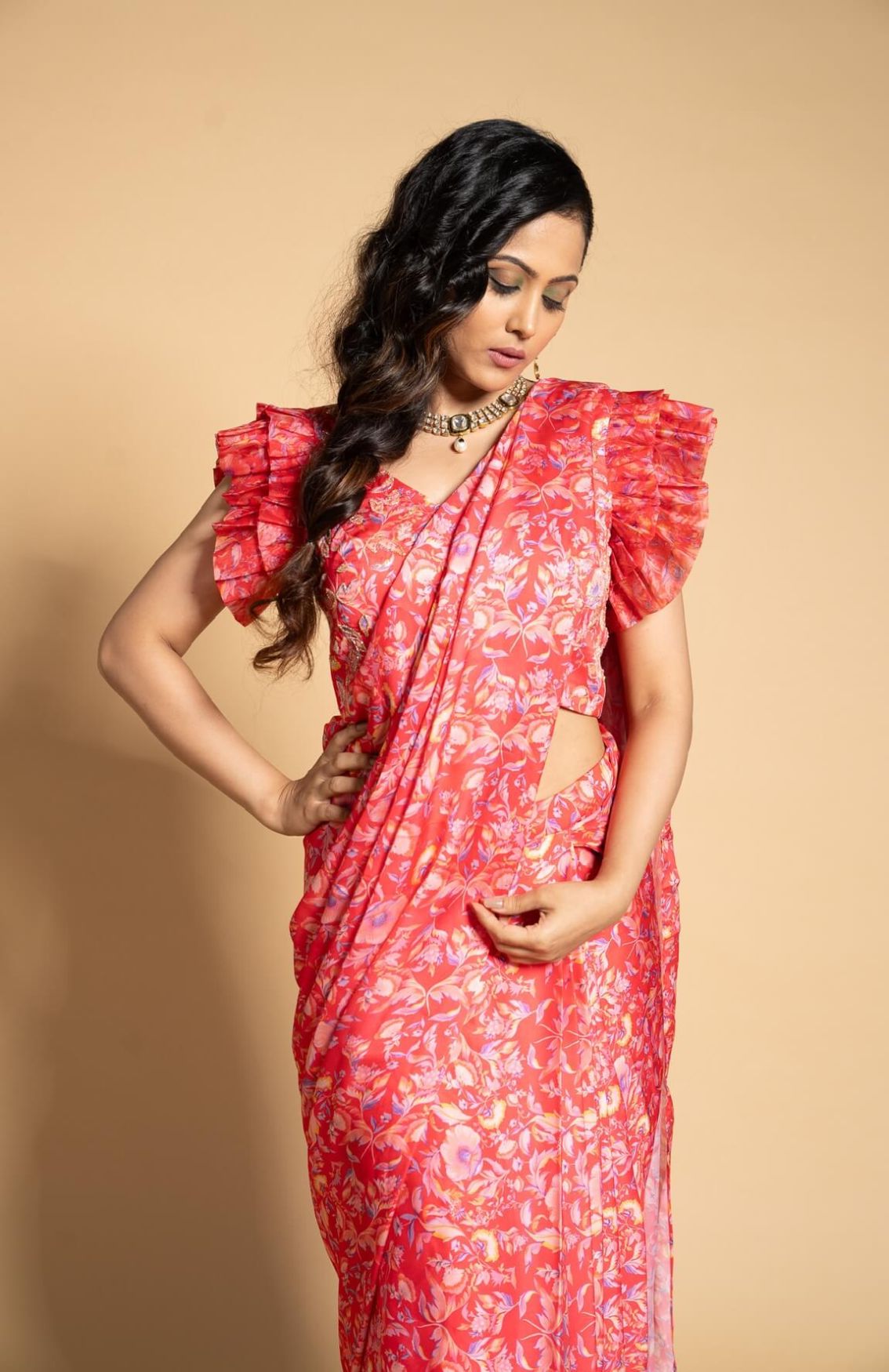 Stitched Saree With Rouged Blouse