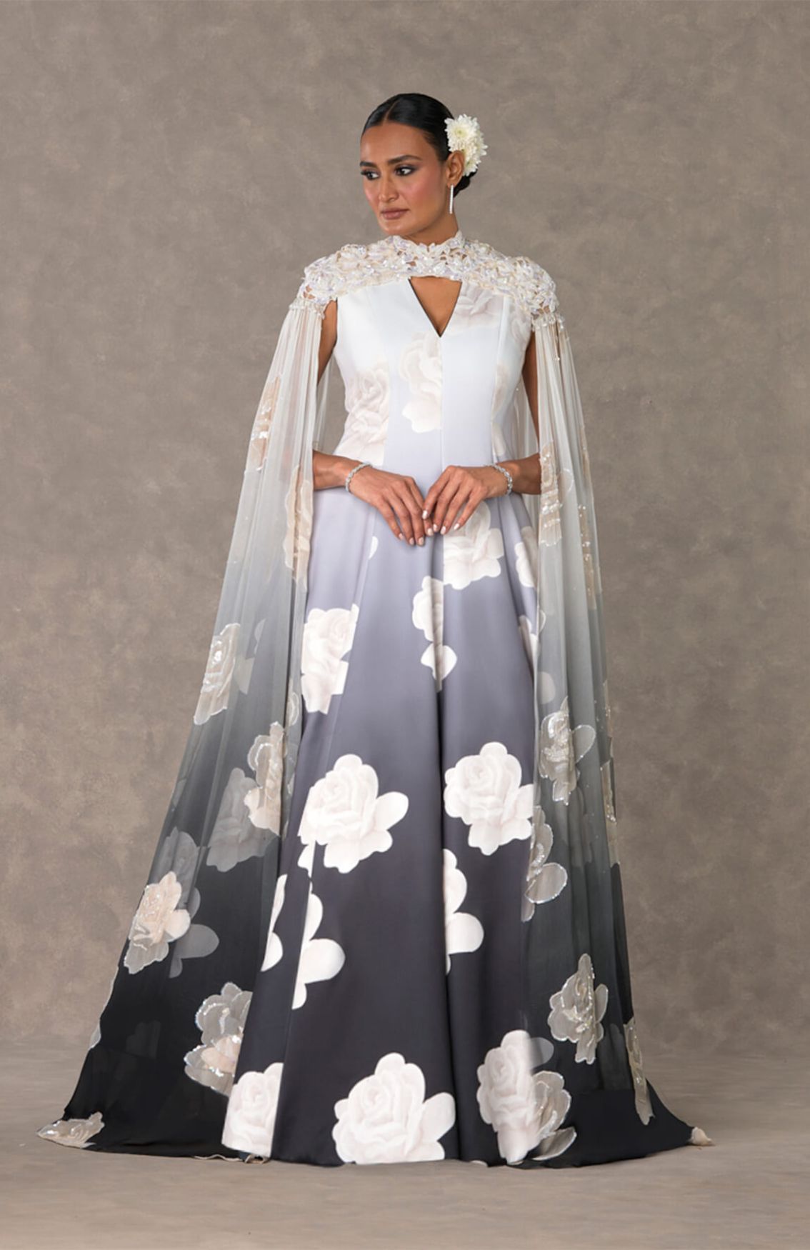 Monochrome Gulaab Gown With Cape