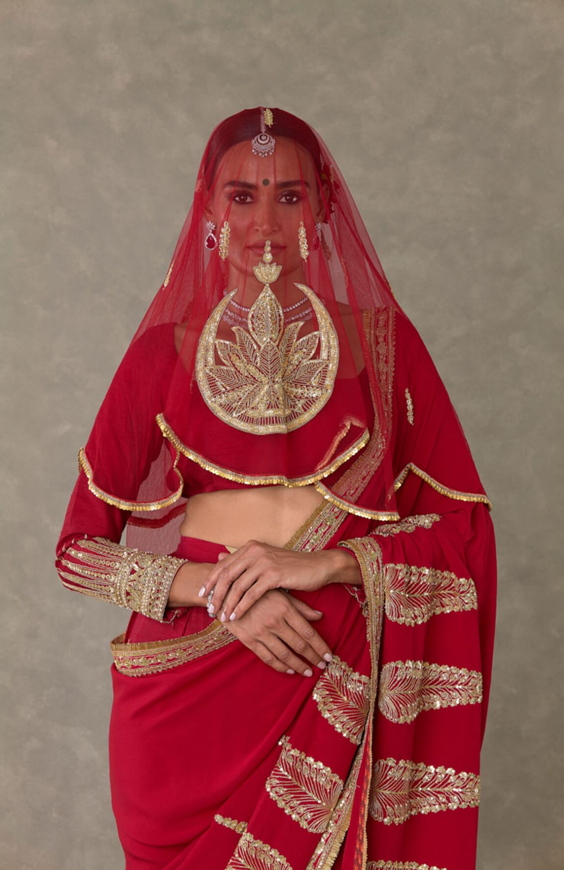 Red Son-Patti Salwar Saree With Veil