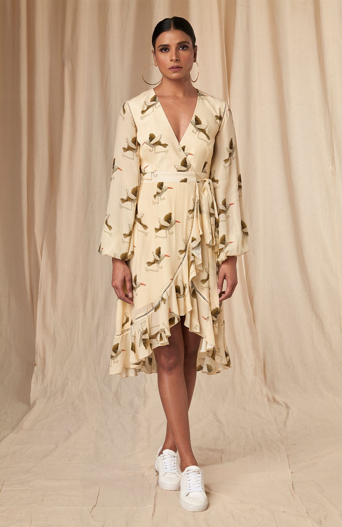 Ivory Gold Finch Wrap Mid Length Dress