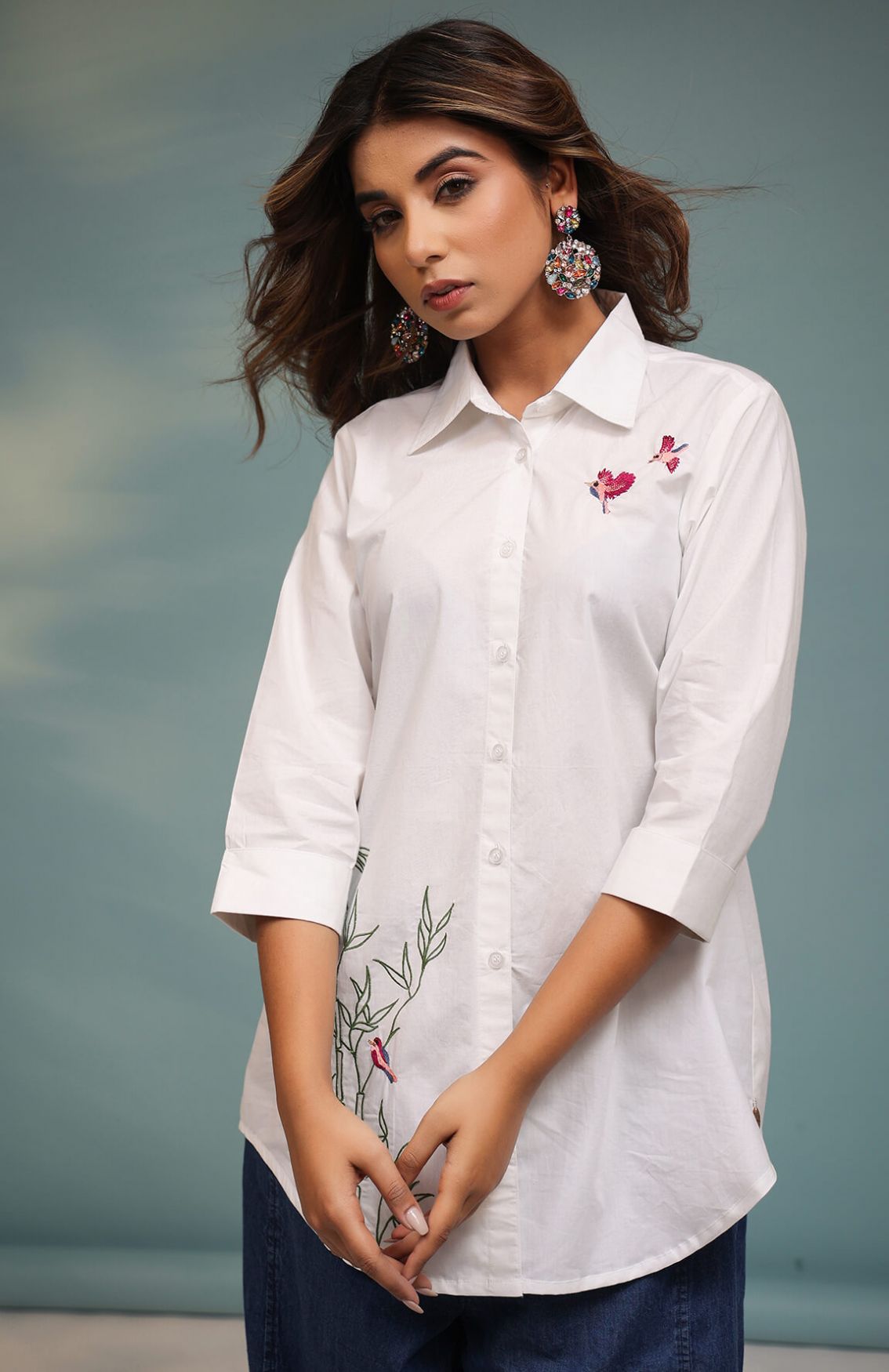 White Robin Embroidered Shirt