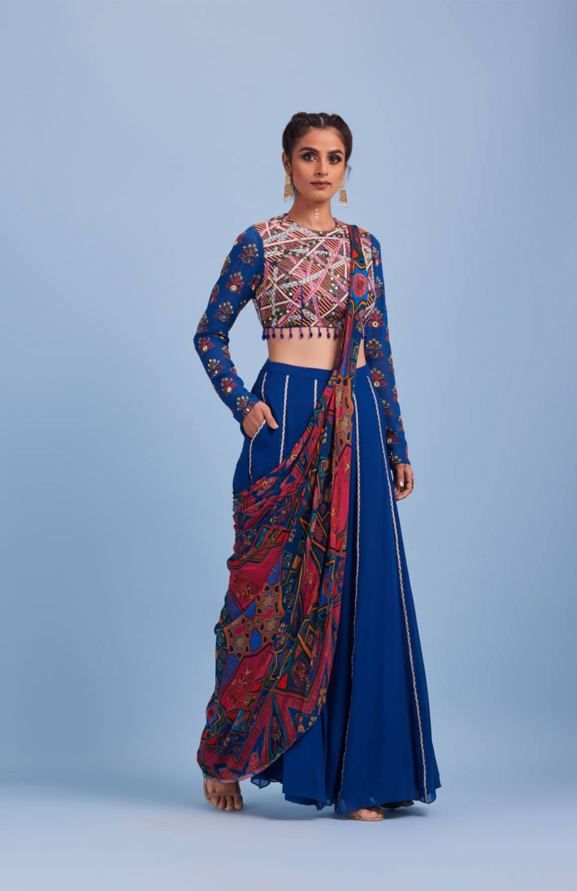 Blue Abstract Stripe Embroidered Saree Set