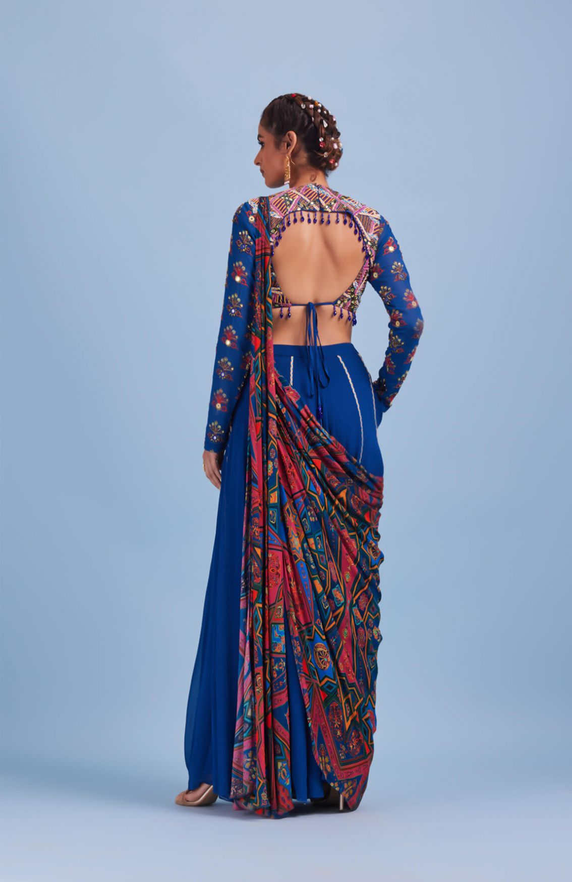 Blue Abstract Stripe Embroidered Saree Set