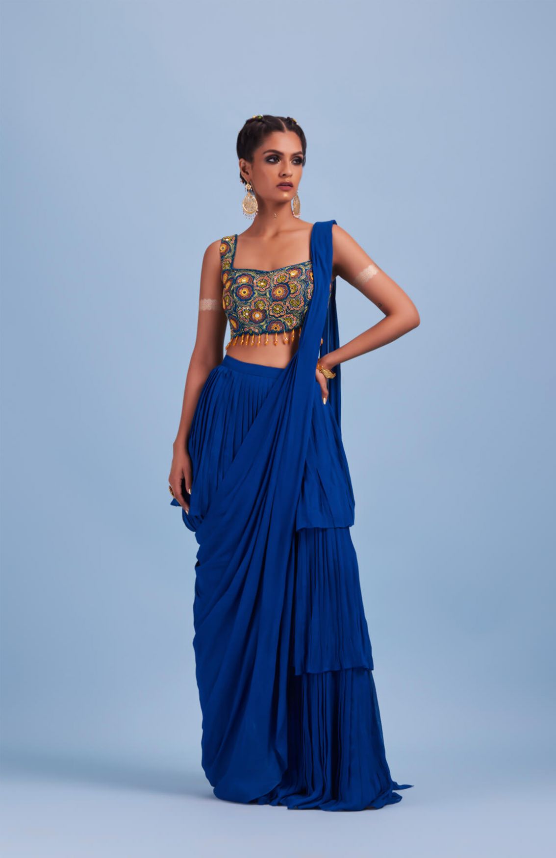 Blue Cutdana Floral Embroidered Saree Set