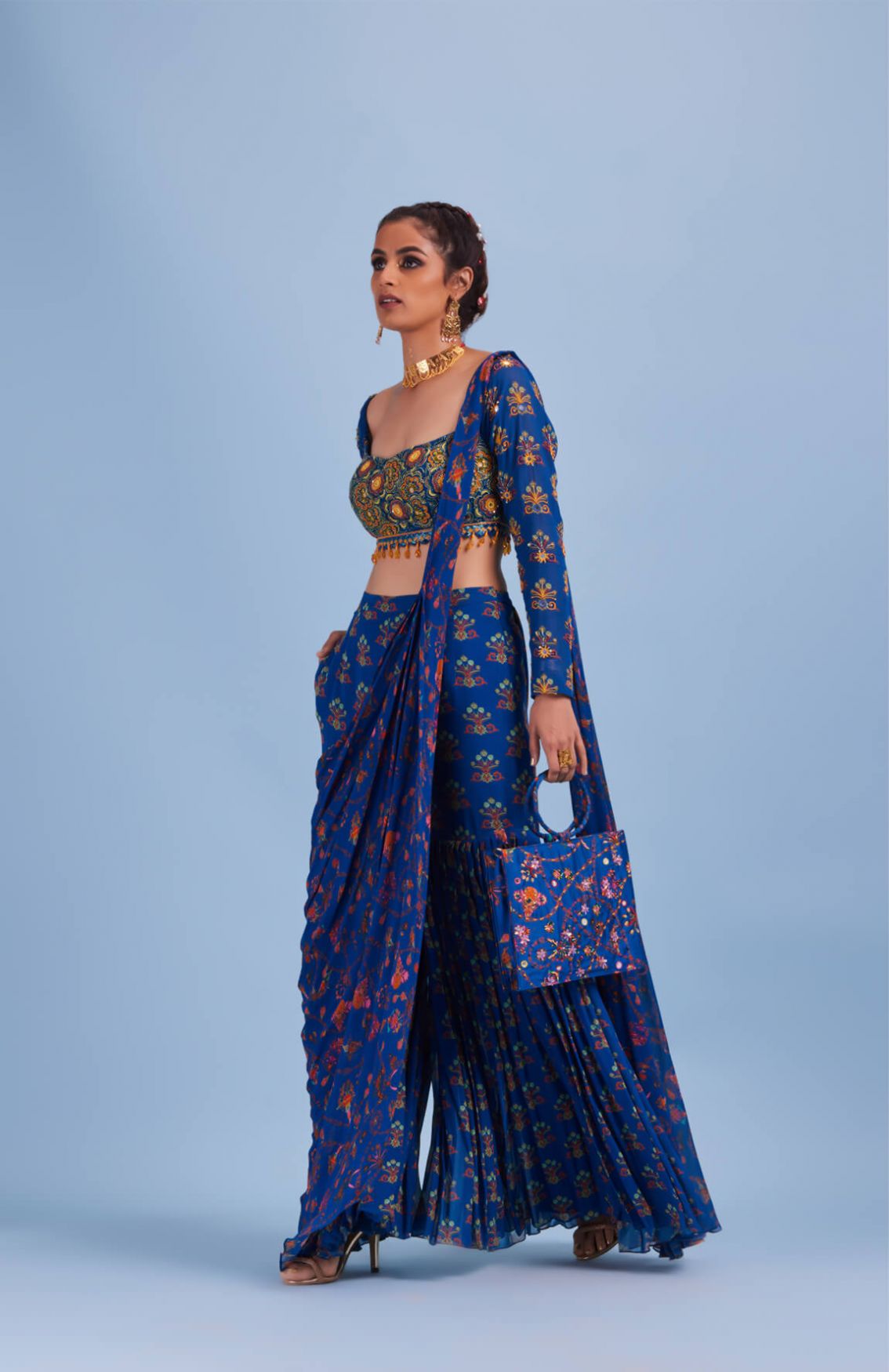 Blue Cutdana Floral Embroidered Butta Gharara Pants Saree Set
