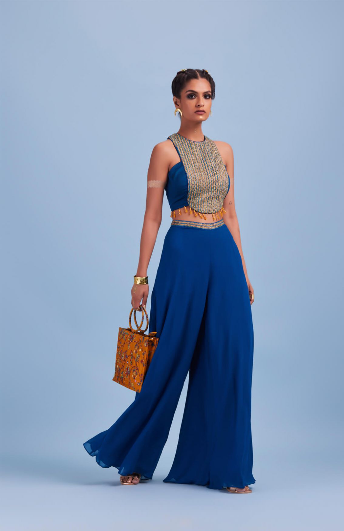 Blue Cord & Cutdana Center Panel Embroidered Crop Top & Pants