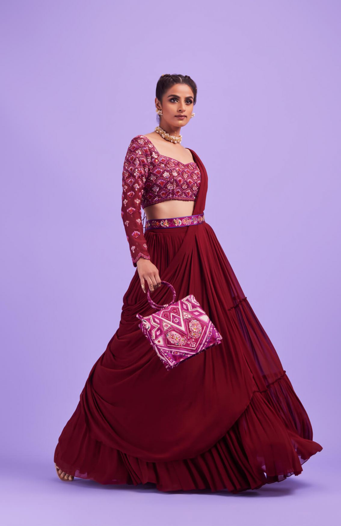 Deep Red Self On Self Scallop Embroidered Blouse With Saree Set