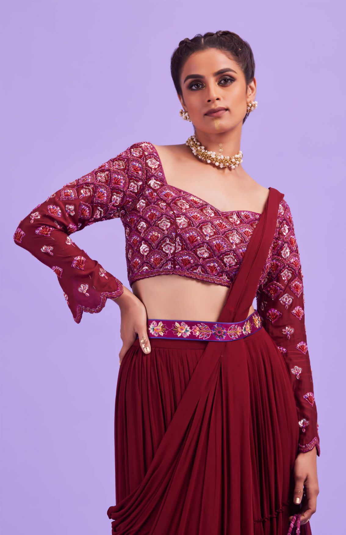 Deep Red Self On Self Scallop Embroidered Blouse With Saree Set