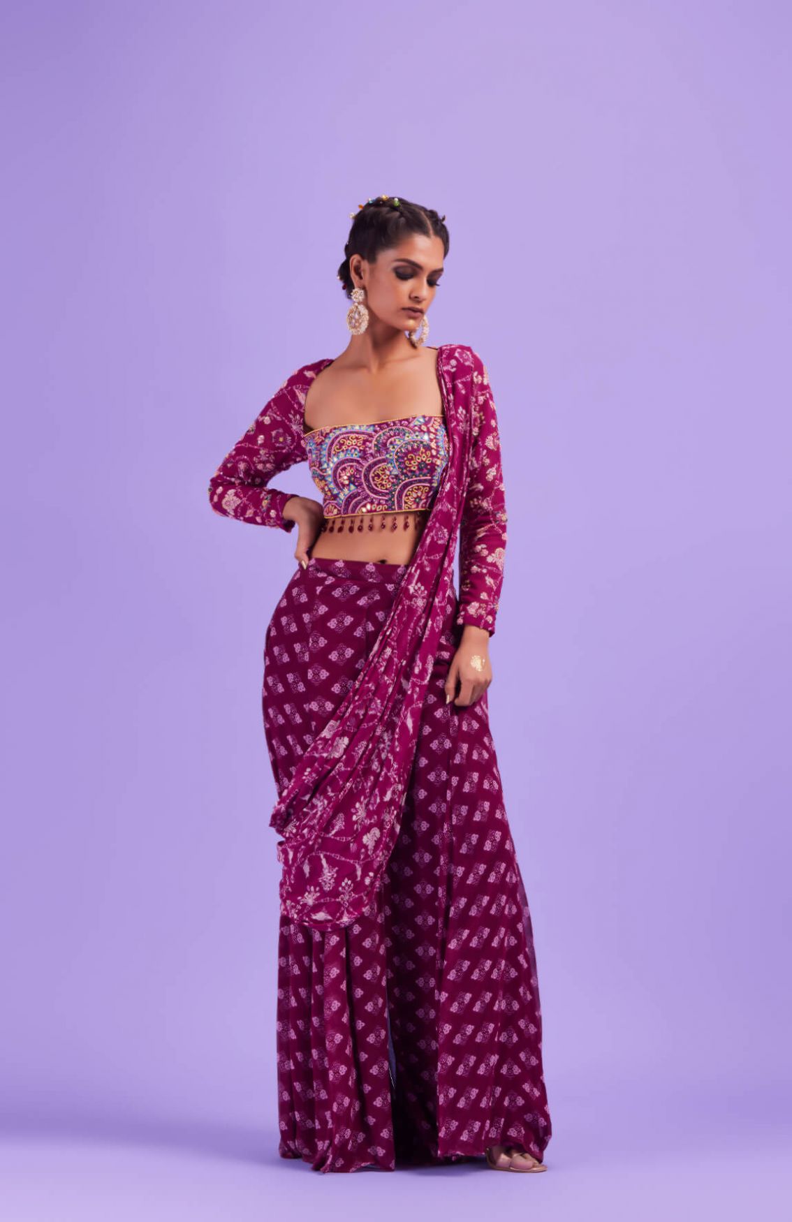 Purple Half Circle Embroidered Full Sleeves Blouse With Printed Sharara Saree