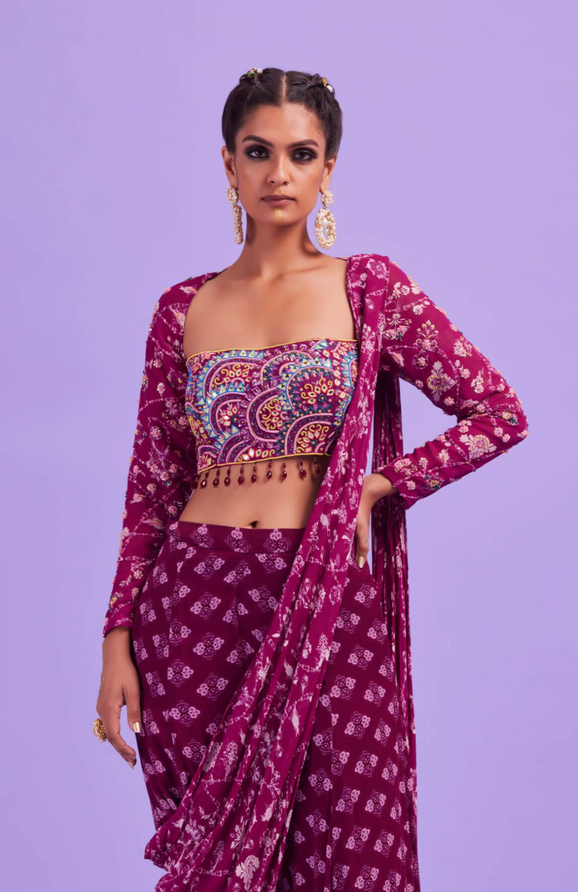 Purple Half Circle Embroidered Full Sleeves Blouse With Printed Sharara Saree