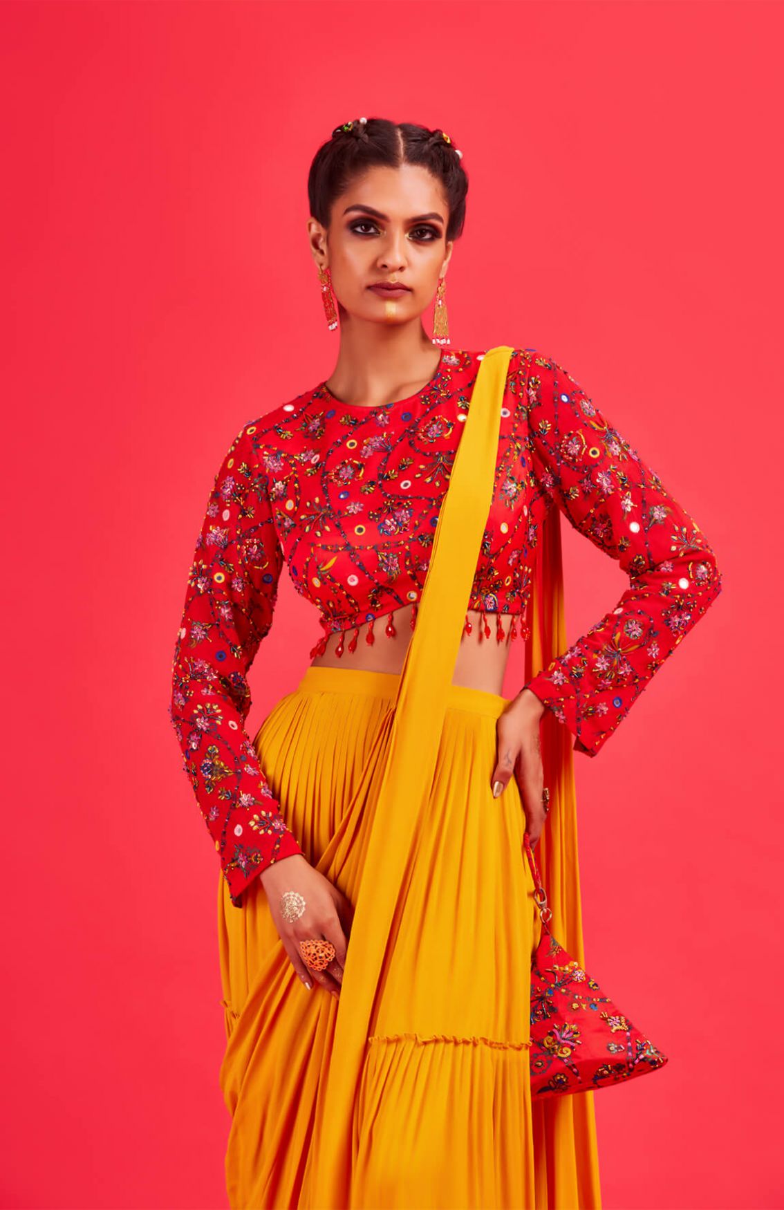 Red Bale Print Blouse With Yellow Tiered Saree & Bag