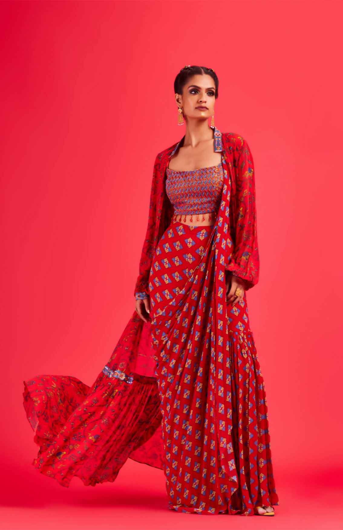 Red Bustier With Printed Cape & Gharara Saree