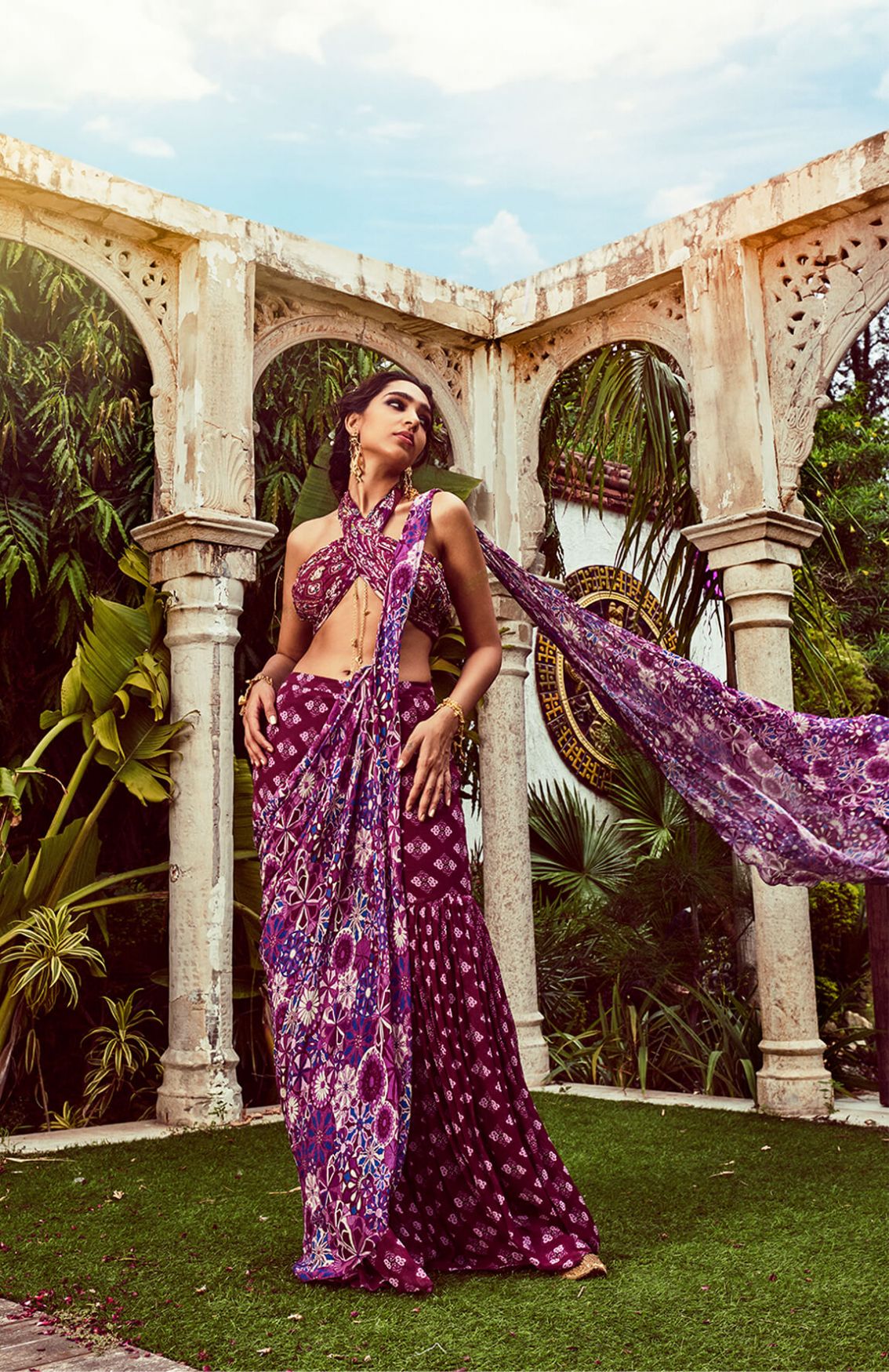 Purple Jaal Printed Gharara Saree Set