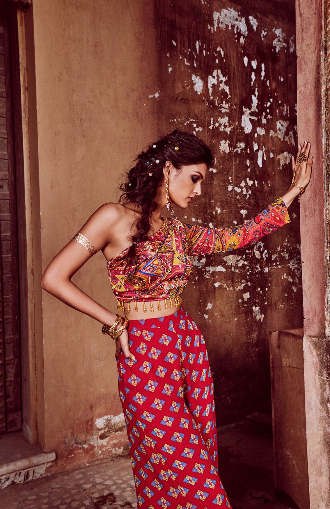Yellow Bale & Jaal Print Crop Top With Red Butta Printed Front Tiered Godet Pants