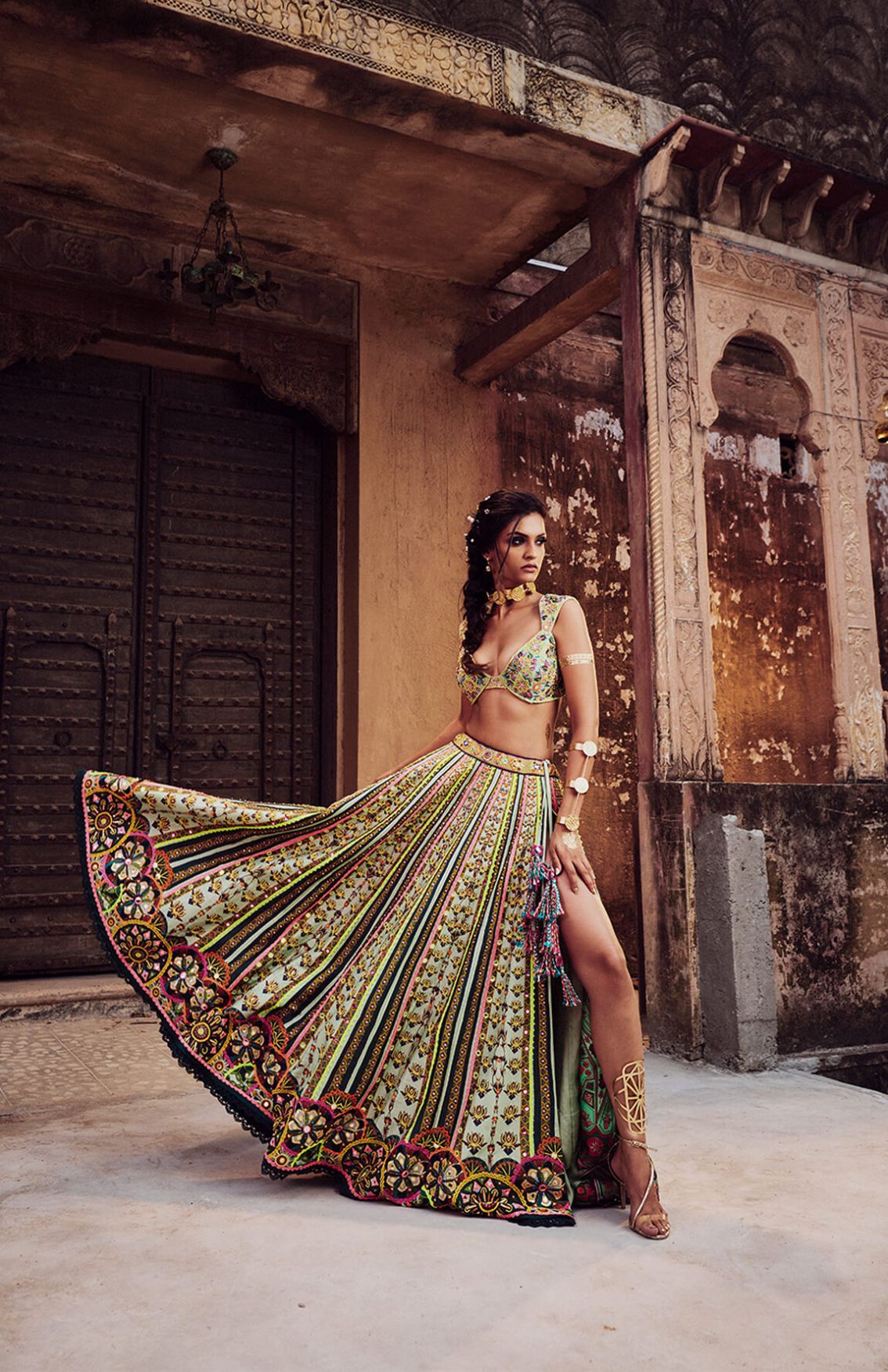 Mint Green Neon Embroidered Blouse Lehenga & Organza Embroidered Dupatta