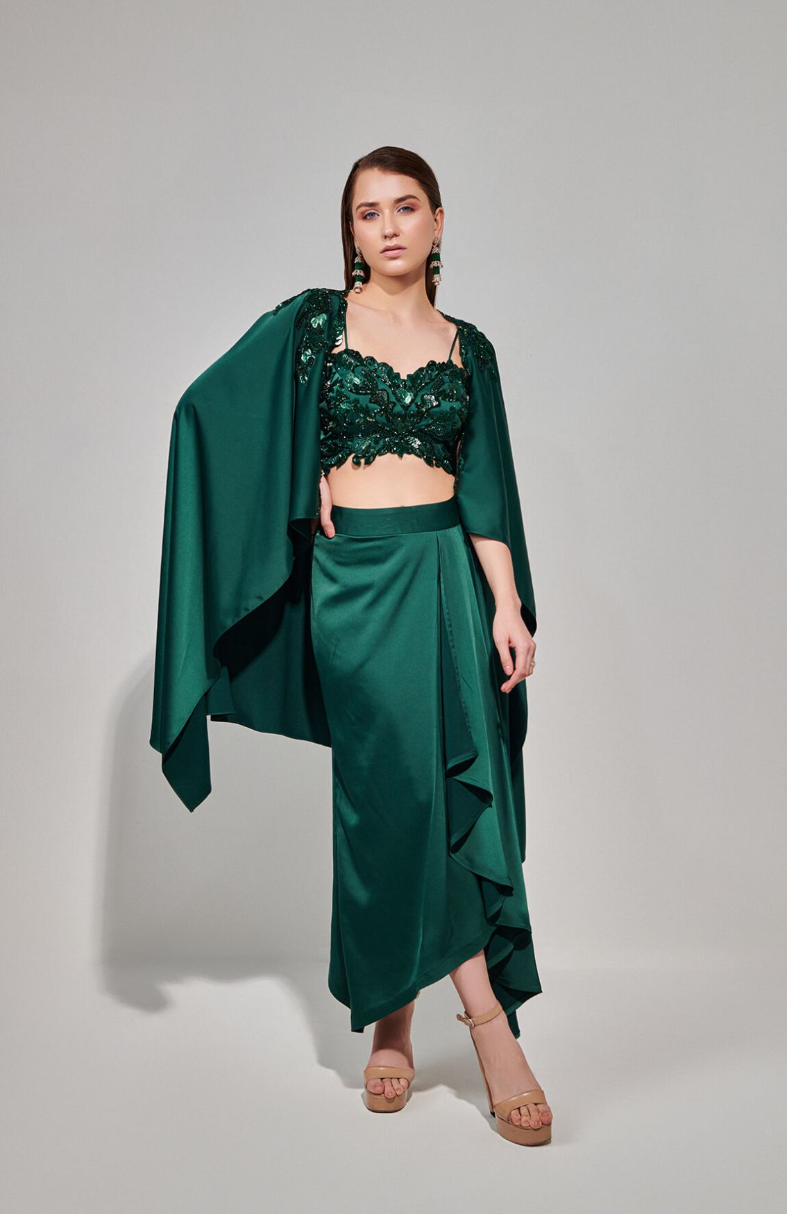 Emerald Green Hand Embroidered Cape Set With Cutwork Blouse And Drape Skirt