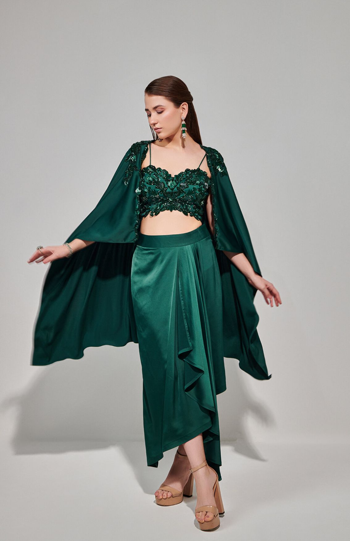 Emerald Green Hand Embroidered Cape Set With Cutwork Blouse And Drape Skirt
