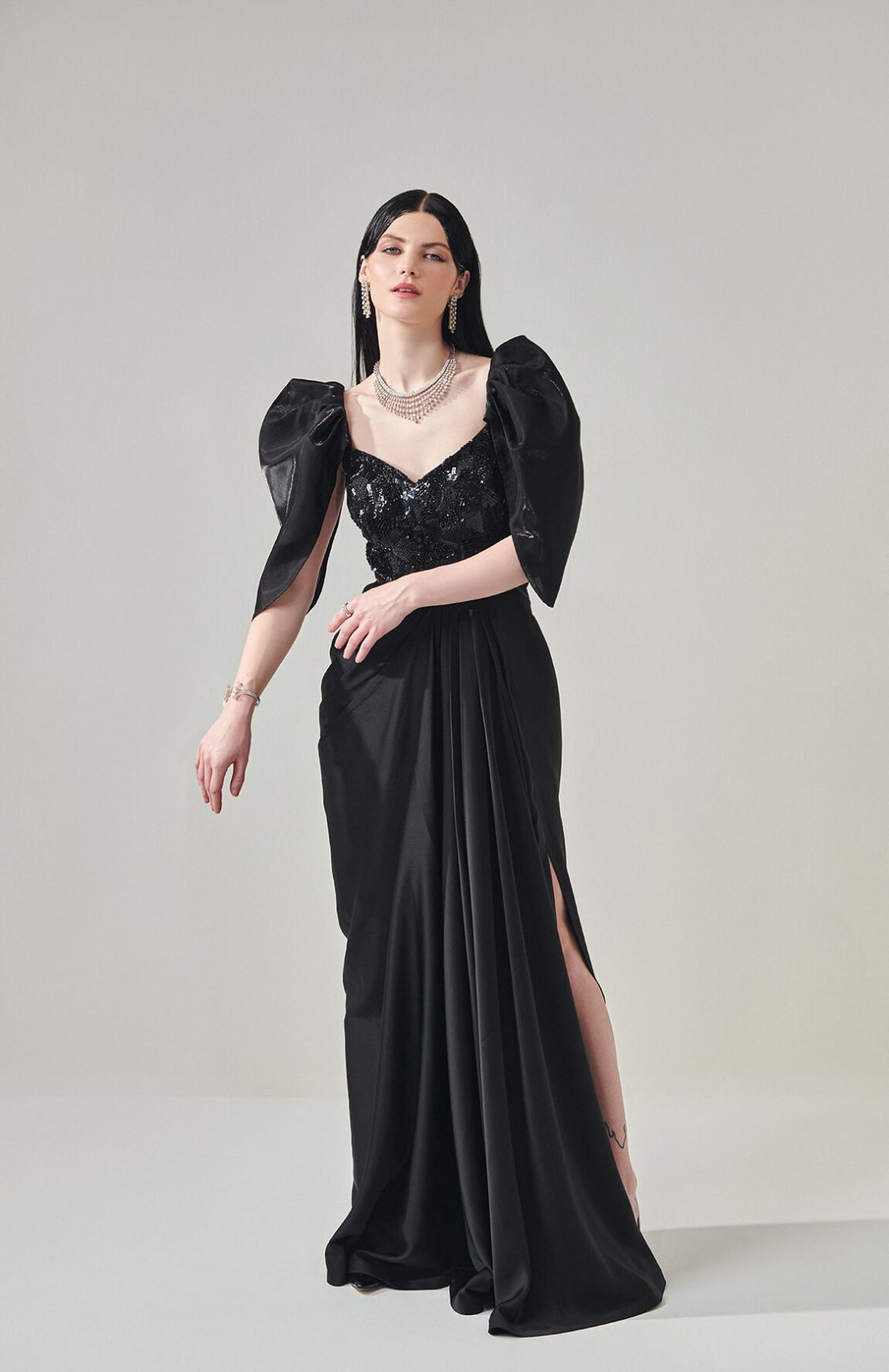 Black Draped Gown With Voluminous Sleeves