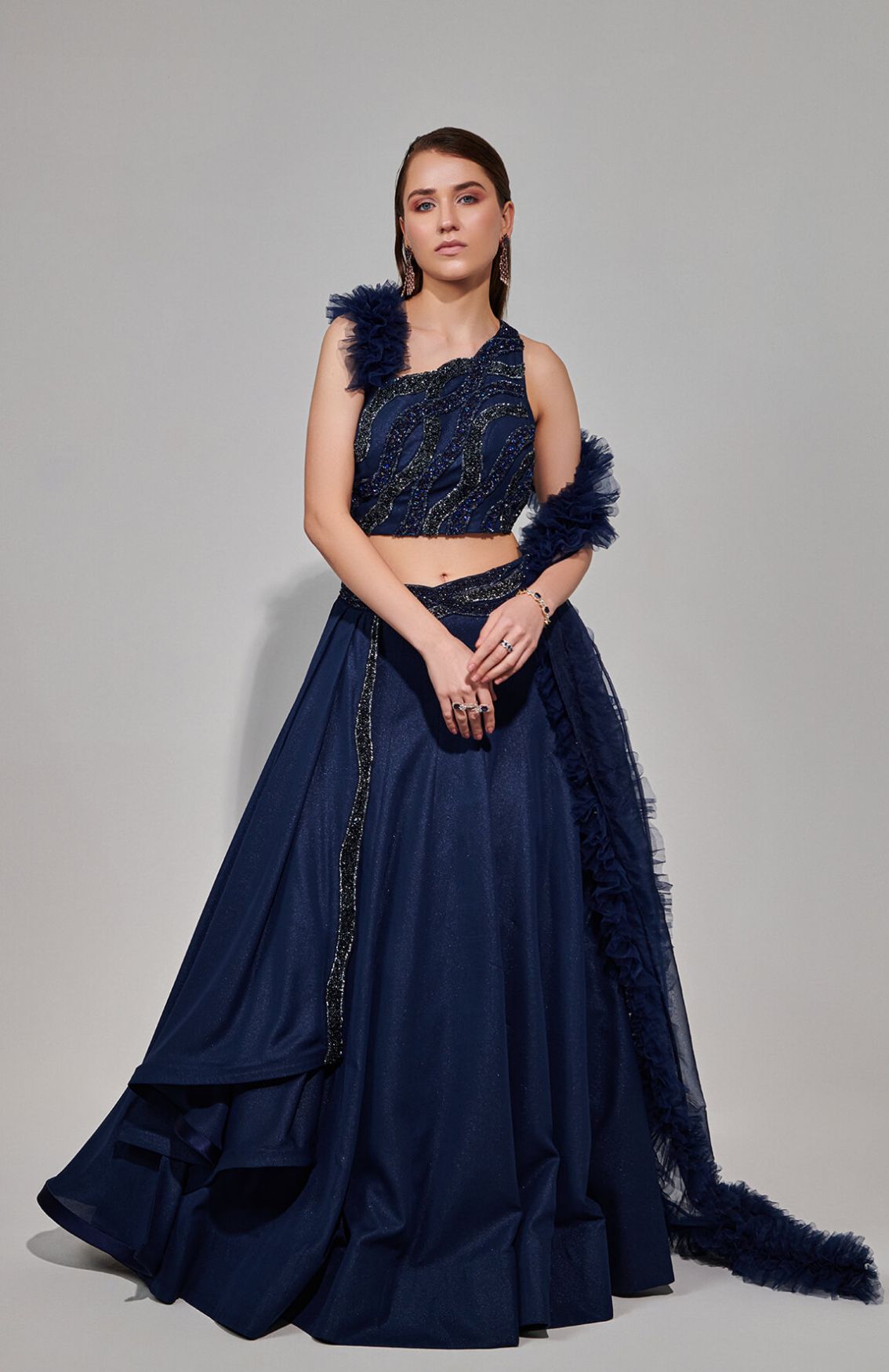 Midnight Blue Multi Layered Kali Lehenga With One Shoulder Blouse & Attached Ruffle Dupatta