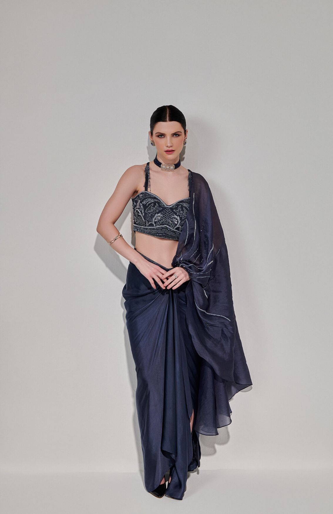 Charcoal Drape Saree Set With Detachable Palla