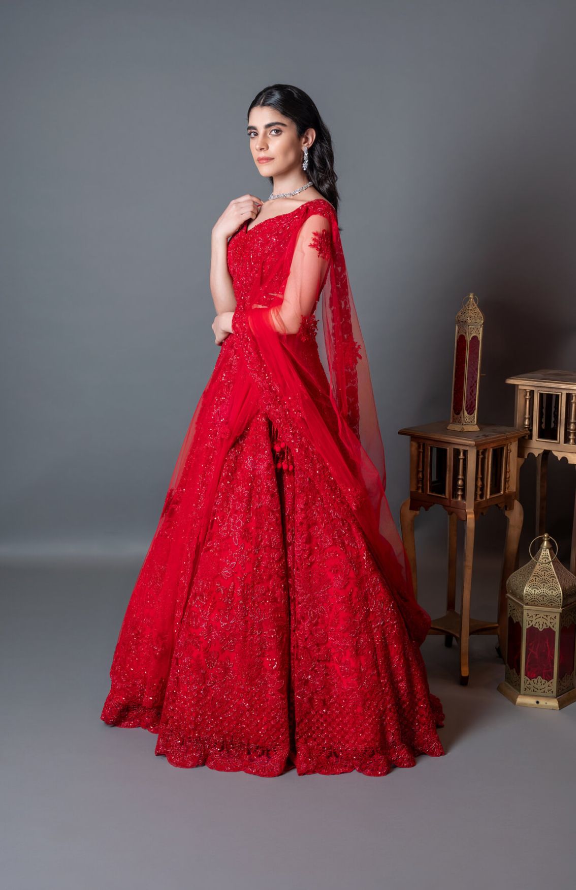 Pestry Red Heavily Embroidered Lehenga