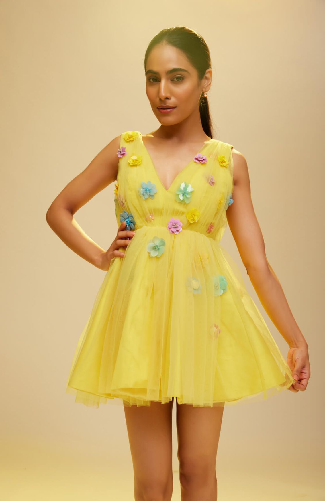Yellow Mini Dress With Embellished Flowers