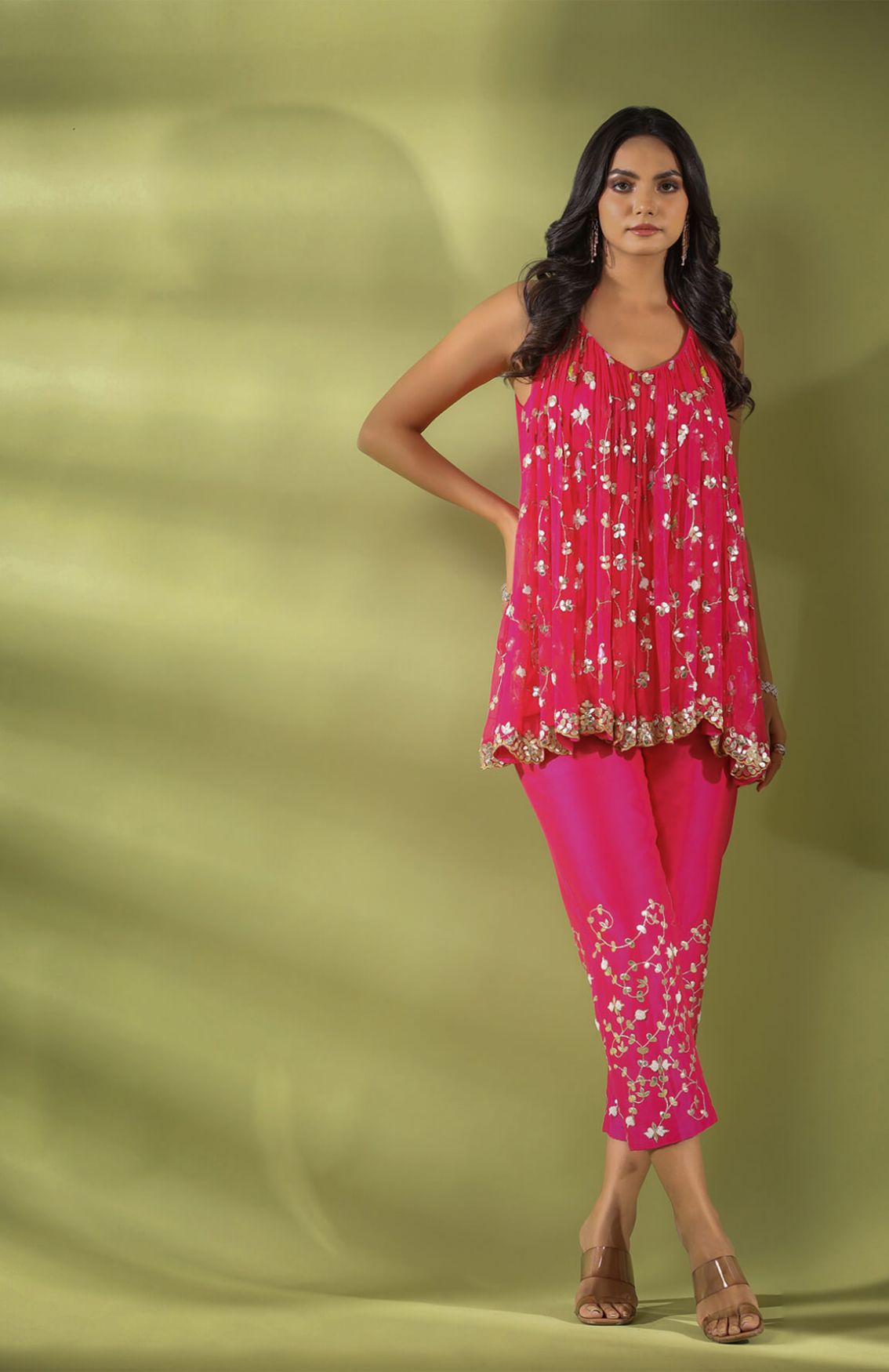 Haseena Phool Jaal Gota Patti Tunic Pants Co-ord Set In Fuchsia 