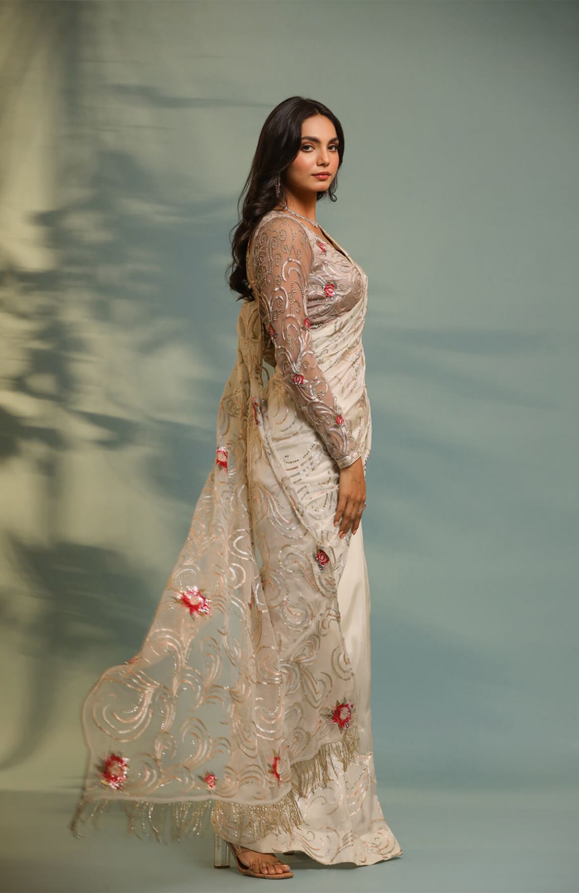 Haseena Ivor-grey Swirl Jaal Saree Set