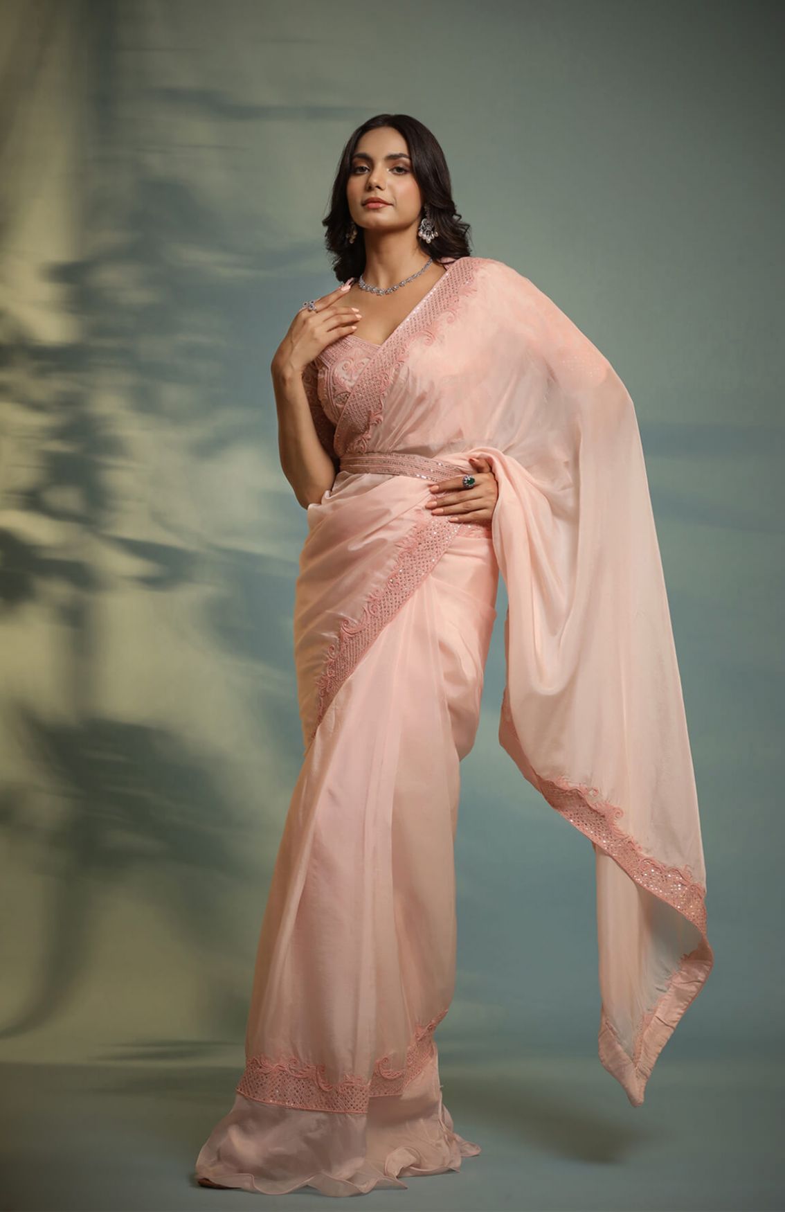 Haseena Blush Pink Moti Work Ruffle Saree