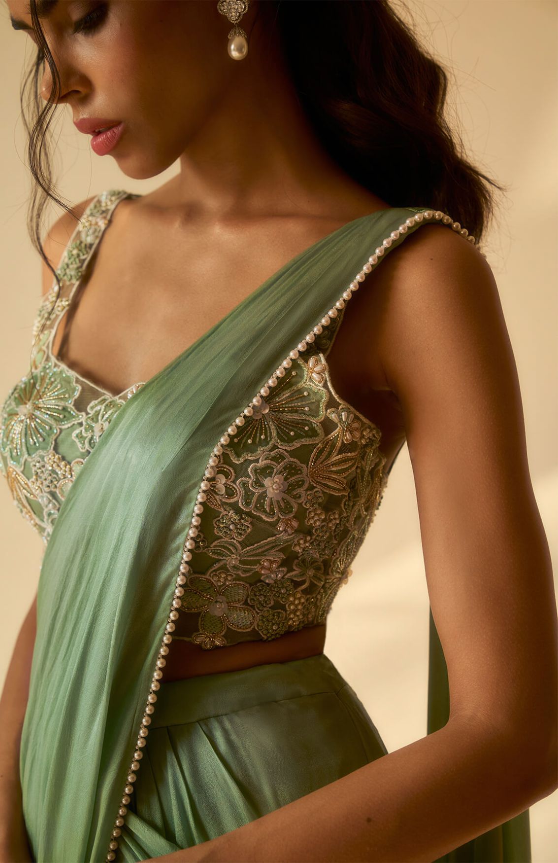 Sea Green Embellished Draped Saree Set