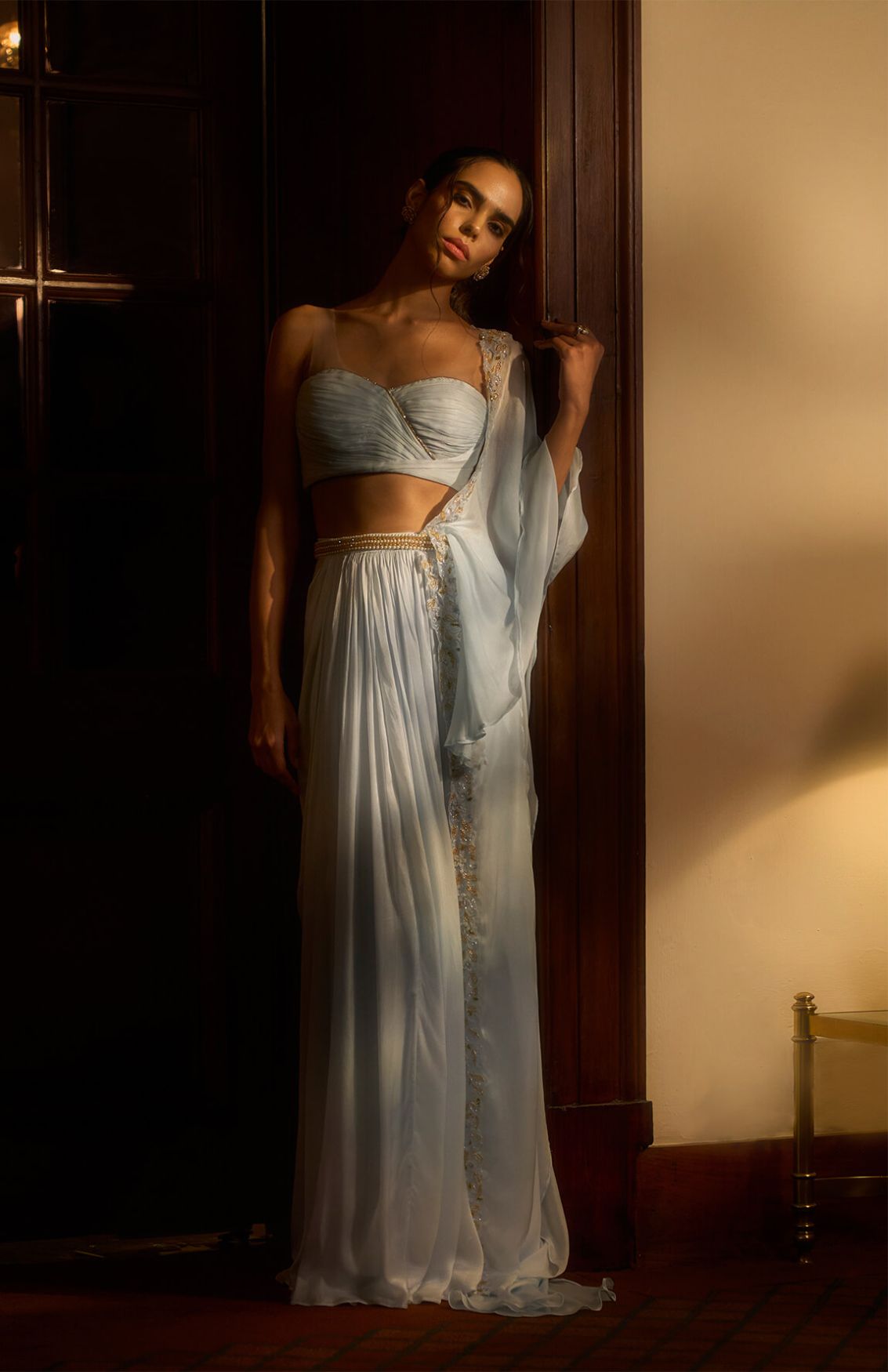 Ice Blue Pleated Blouse With Draped Saree Set