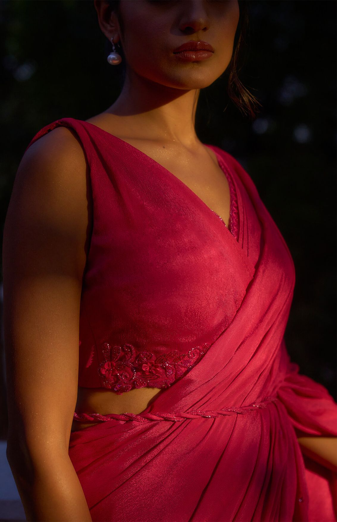 Hot Pink Embellished Draped Saree Set