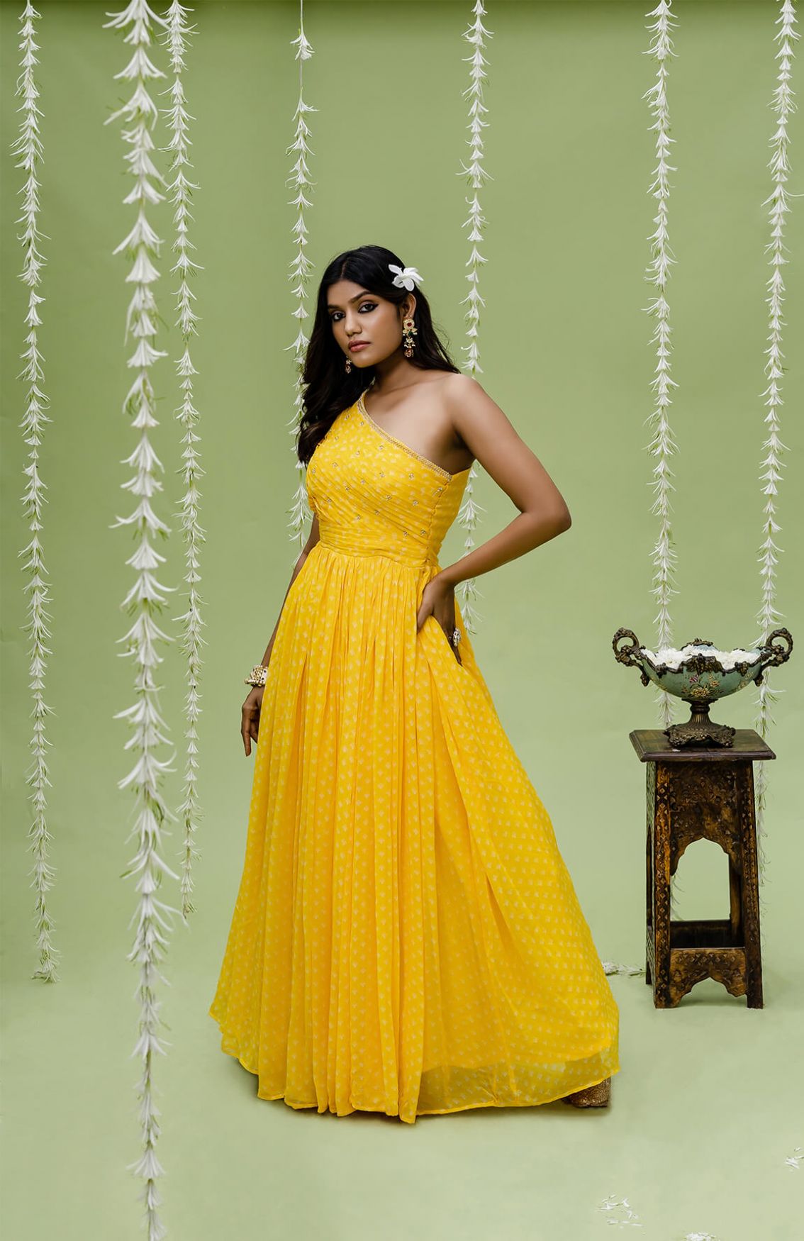 Sunny Yellow Printed Embroidered Gown