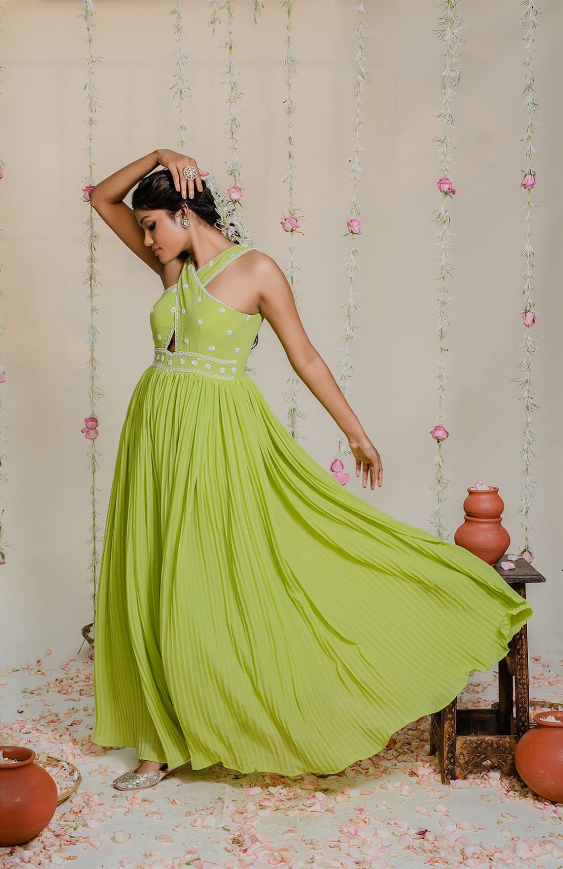 Green Pleated Embroidered Jumpsuit