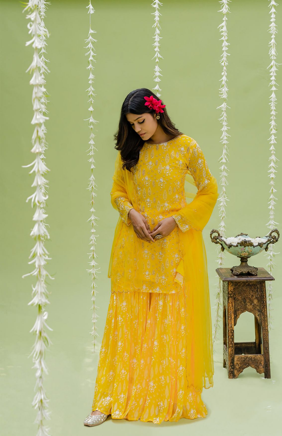 Sunny Yellow Printed Embroidered Sharara Set